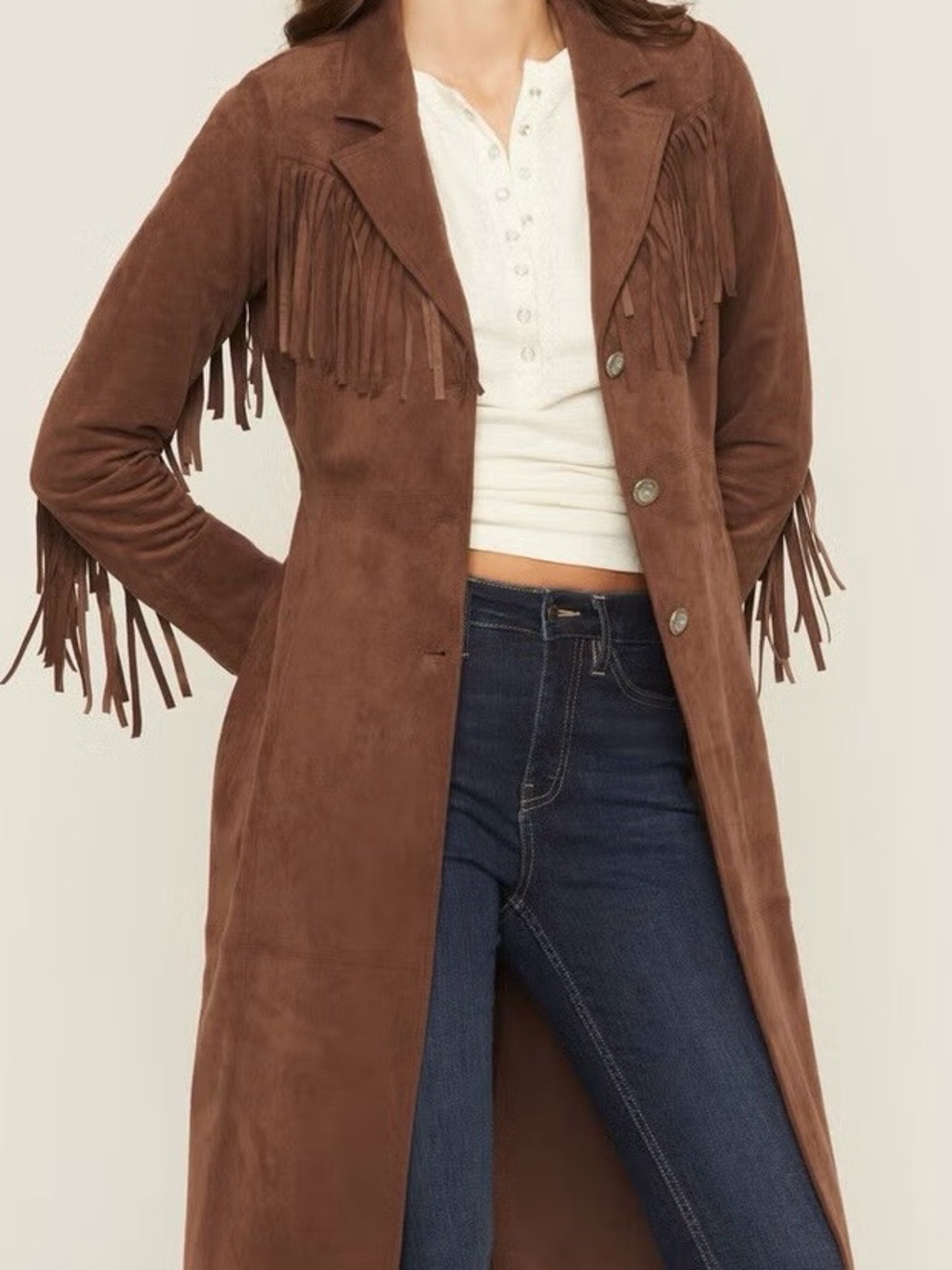 SHYANNE WOMEN'S FAUX SUEDE FRINGE TRENCH COAT